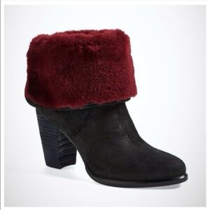 UGG Layna Shearling Foldable Cuff Black Maroon Nubuck Heeled Leather Boot 7 6.5